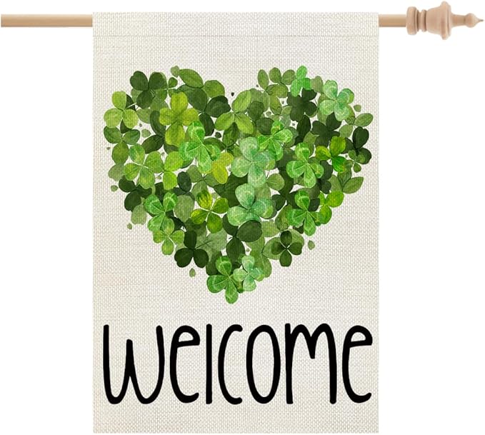 CROWNED BEAUTY St Patricks Day House Flag 28x40 Inch Double Sided Large Burlap for Outside Welcome Green Shamrocks Clovers Heart Holiday Yard Flag CF735-40