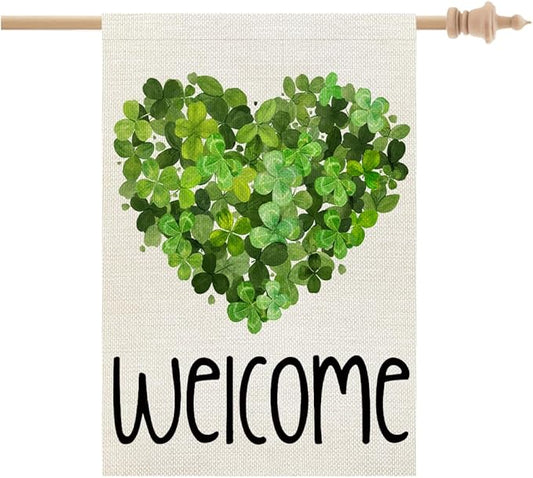 CROWNED BEAUTY St Patricks Day House Flag 28x40 Inch Double Sided Large Burlap for Outside Welcome Green Shamrocks Clovers Heart Holiday Yard Flag CF735-40