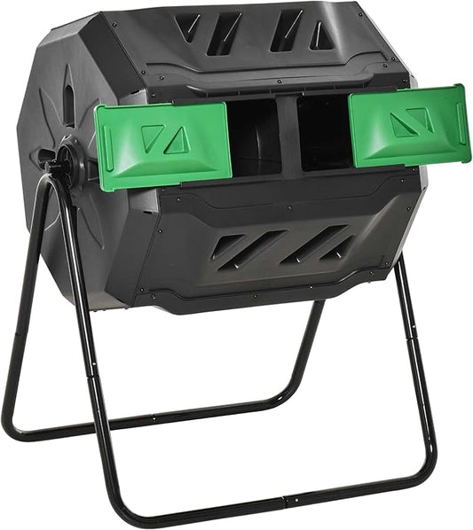 Compost Bin Outdoor, 43 Gallon Dual Chamber Tumbling Composting with Sliding Doors, Large Compost Tumbler, Compost Bin for Garden, Kitchen, and Yard Waste, Black+Green