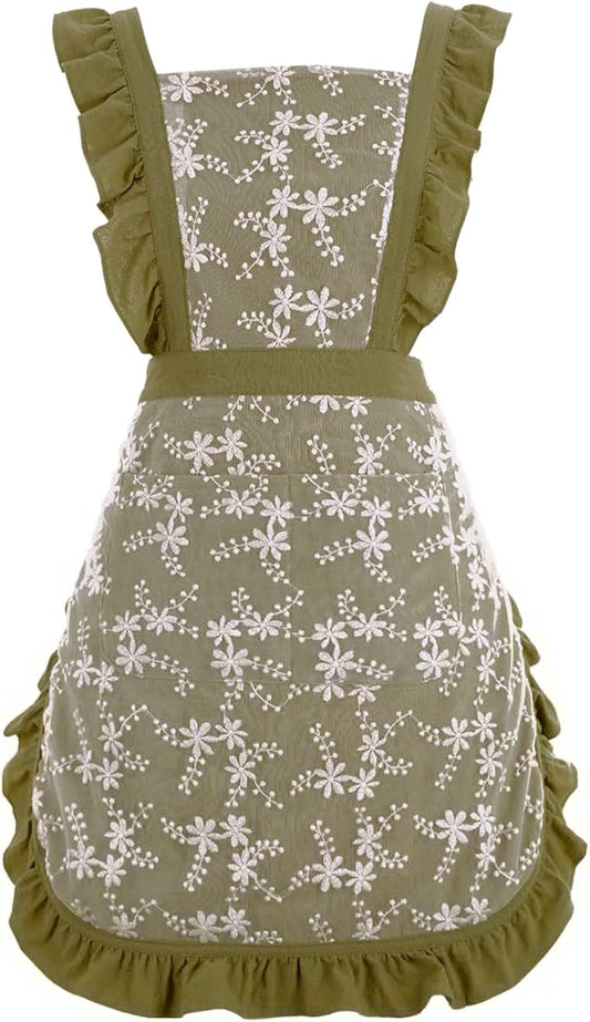 Vintage Pinafore Apron Dress for Women with Pockets Cute Floral Chef Aprons for Kitchen Cooking Baking Gardening