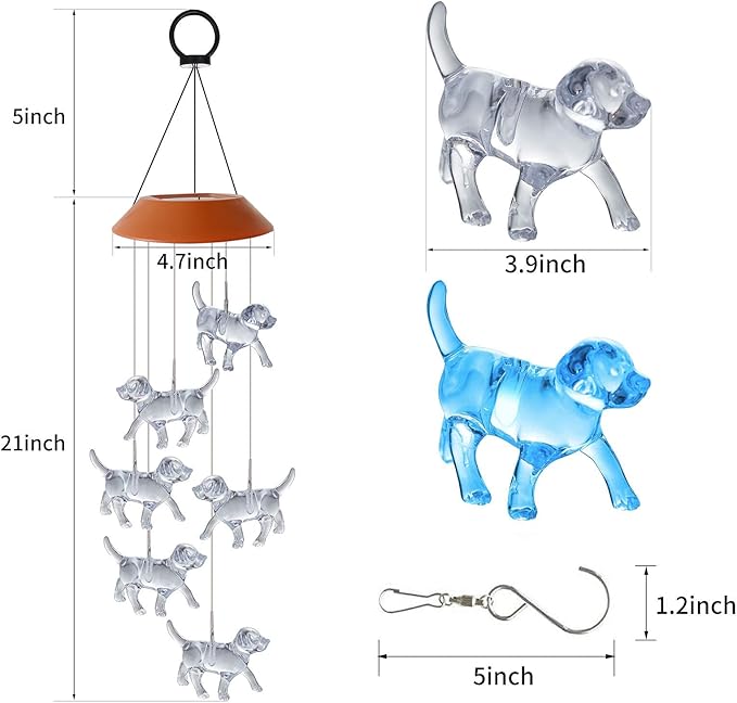 Dog Wind Chimes Solar Powered Wind Chime Outdoor Dog Remembrance Gifts Color Changing Solar Mobile Hanging Solar Wind Chimes Garden Gift for Grandma Yard Decor