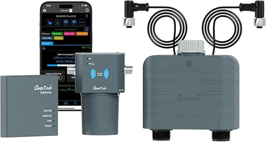 LinkTap T1 Smart 2-Zone Water Timer & Gateway, Built-in Flow Meters, Real-Time Fault Detection & Alerts, Weather Adaptive, Anti-Freeze, Better Range Than WiFi Hose Timer, IP66, Alexa, 2-Year Warranty