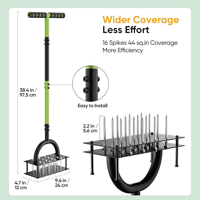 Lawn Aerator Manual Aerator Lawn Tool with 16 Spikes, Metal Grass Aerator for Yard, Lawn Aeration, Automatic Soil Ejection, Pre-Assembled Lawn Aerator Tool (Black Green)
