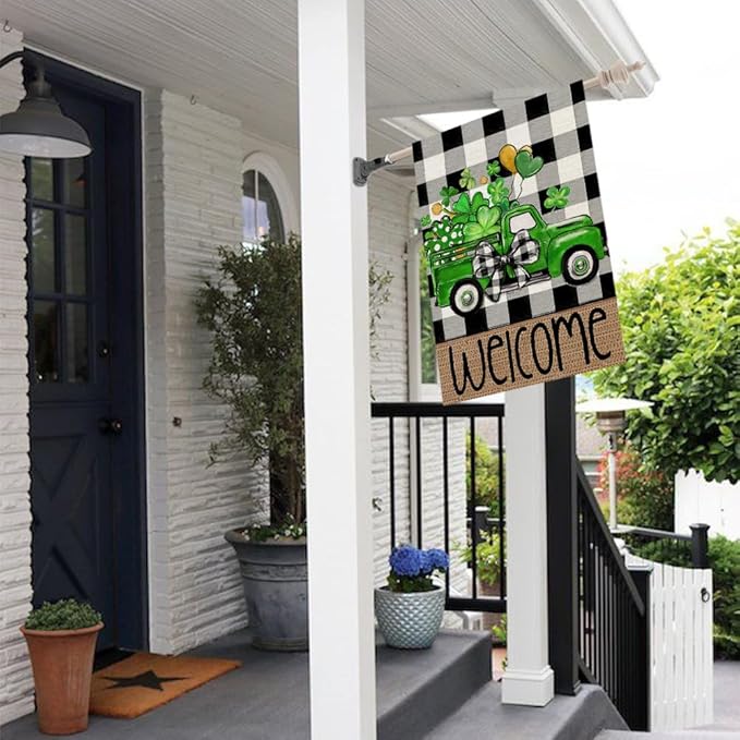 CROWNED BEAUTY St Patricks Day House Flag 28x40 Inch Double Sided Large Burlap Holiday Clovers Truck Flag for Outside Yard Welcome CF1325-40