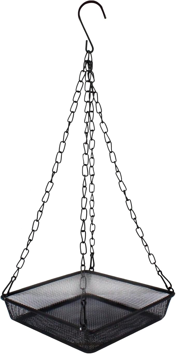 Hanging Bird Feeder Tray 6.7 Inch Square Metal Mesh Seed Holder, Durable Metal Mesh Feeders with Chains for Attracting Various Species of Wild Birds