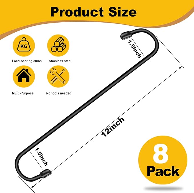 8 Pack 12 Inch Large S Hooks for Hanging Plants,Black Extra Matel Heavy Duty Hook for Hang Brsket,Bird House and Clothes