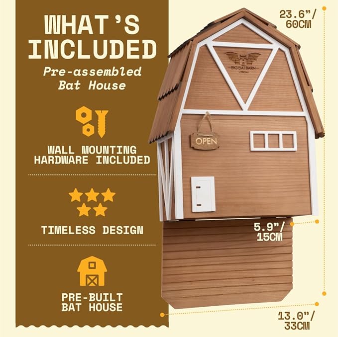 WildYard Big Bat Barn - 3-Chamber, Large Bat House - Brown, Cedar - Weather-Resistant Ventilation & Wildlife Shelter - Textured Landing Pad & Wall-Mount Roost Kit