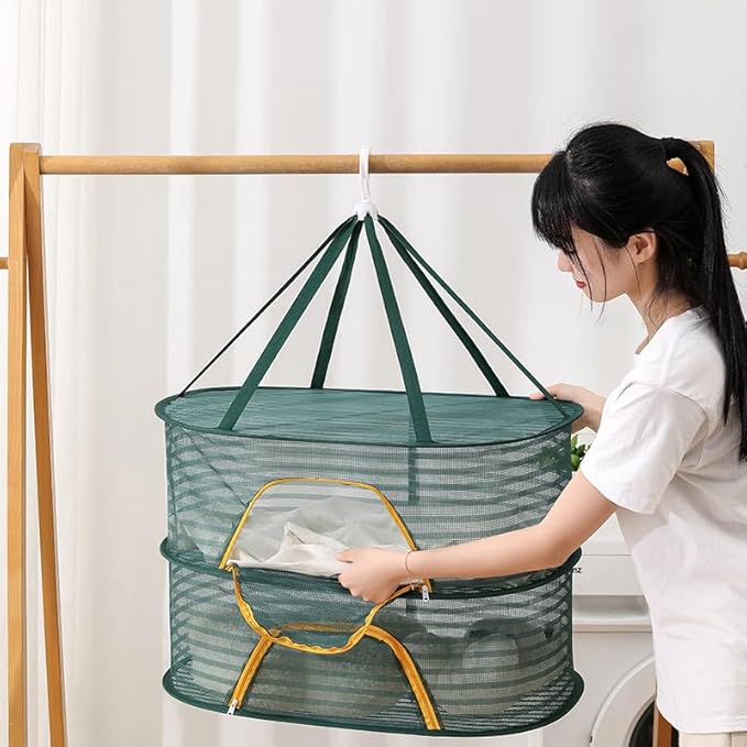 WALLBIG 2Pack Foldable Mesh Drying Rack, 4Layer Zipper Hanging Rack for Herbs, Indoor/Outdoor (Green)