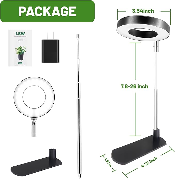 LBW Grow Light for Indoor Plants, Full Spectrum Plant Grow Light with Base, Height Adjustable Plant Growing Lamp with Auto On/Off Timer 6/8/12/16H, 3 Colors,5 Dimming Levels, for Small Plants, Black