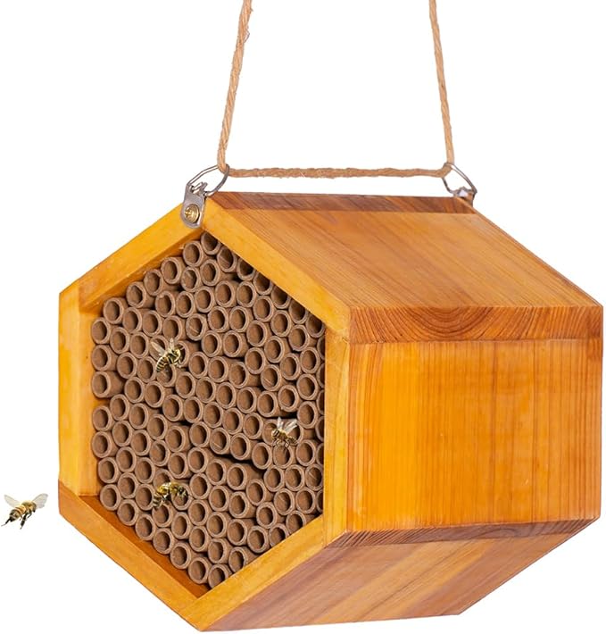 Mason Bee House - Handmade Natural Wooden Bee Hive Coated with Wax for Water-Proof and Long Service Life - Attracts Peaceful Bee Pollinators to Your Garden, Bee Houses for Garden