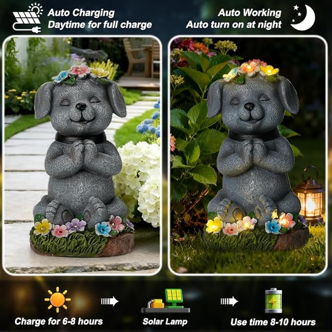 Solar Dog Figurine Garden Decor with LED Lights - Solar Powered Outdoor Statue for Yard, Patio, Lawn - Waterproof Animal Decor