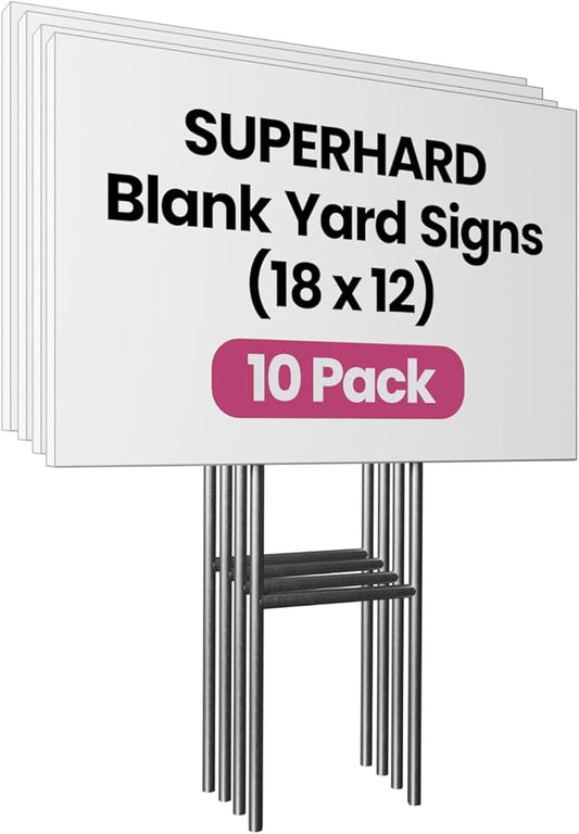 PartyPrints 10 Pack 18 x 12 White Blank Yard Signs with Metal Stakes, Waterproof Corrugated Plastic Signs for Rent, Sale, Party, Birthdays, DIY, Event, Advertising, Garden, Lawn Signs for Outside