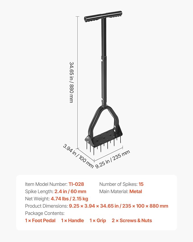 VEVOR Lawn Aerator, 9.2 in Manual Core Aerator Tool with 15 Iron Spikes, Long Handle & Wide Plate, Heavy Duty Grass Aeration Tool, Yard Aerators for Compacted Hardened Soil Lawn Aeration