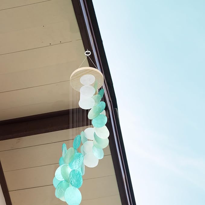 Wenqik Sea Glass Shell Wind Chimes for Outside Seaglass Capiz Windchime Spiral Wind Chimes for Women Beach Holiday Summer Gift Indoor Outdoor Home Housewarming Garden Decor(Light Blue)