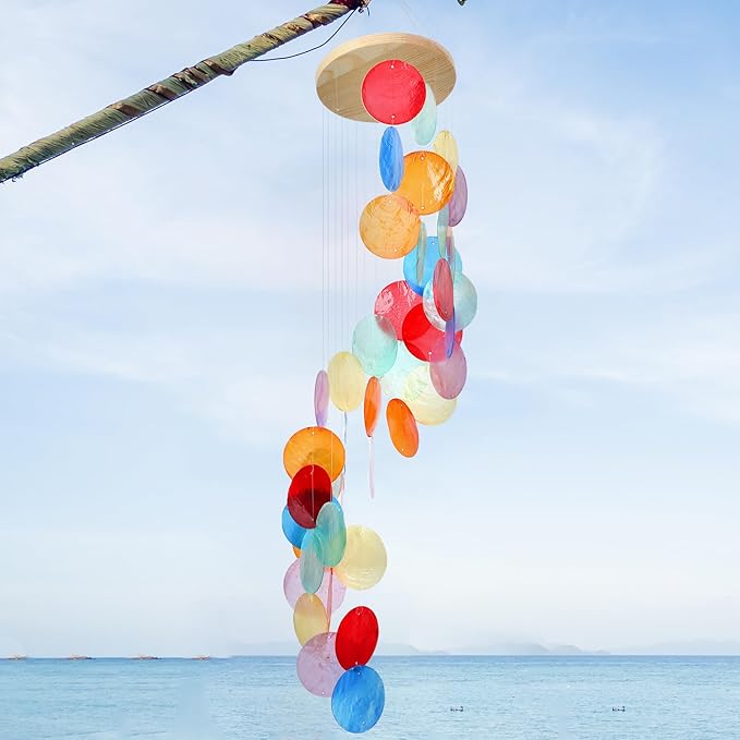Wenqik Sea Glass Shell Wind Chimes for Outside Seaglass Capiz Windchime Spiral Wind Chimes for Women Beach Holiday Summer Gift Indoor Outdoor Home Housewarming Garden Decor(Colorful)