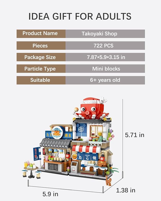 Japanese City Street View Takoyaki Shop, MOC Creative Mini Building Blocks House Set 722 pcs, Simulation Architecture Construction Toy, Gifts Idea for Kids Adults (1218)