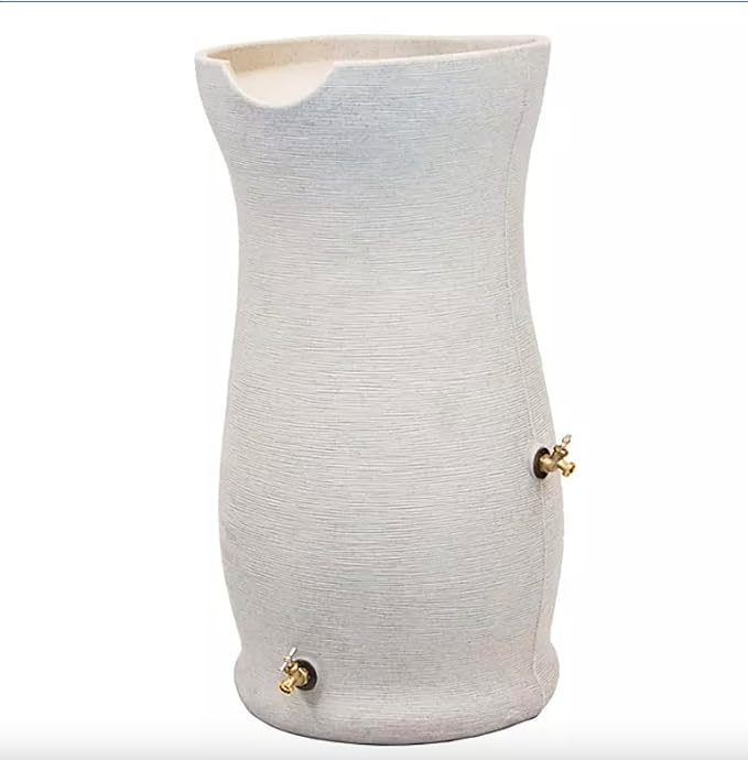 50-Gallon Impressions Corsican Rain Barrel with Diverter Kit, Light Gray Textured Finish, Dual Brass Spigots, Downspout Connection