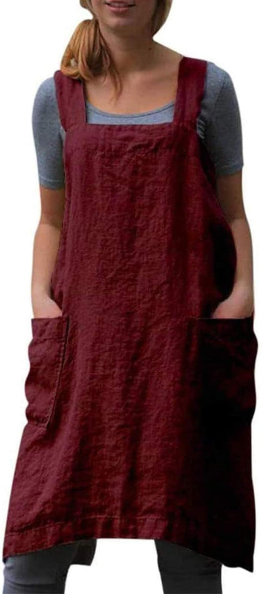 VLZUFE Cotton Linen Apron for women Cross Back Apron Pinafore Dress for Baking Cooking Gardening Work