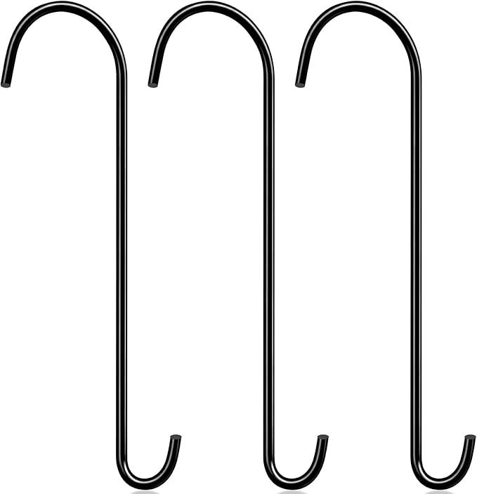 3 Pack 18 Inch S Hooks for Hanging Plants, Heavy Duty Metal Extension Hangers for Bird Feeders Wind Chimes Flower Baskets Black Vinyl Coated Rustproof Garden Hooks