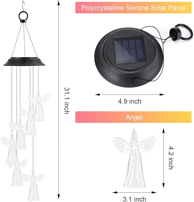 Birthday Gifts for Women Mom Grandma, Gardening Gifts for Women, Angel Solar Wind Chimes for Outside, Wind Chimes Outdoor Waterproof, Solar Lights Outdoor Decorative for Garden Patio Yard