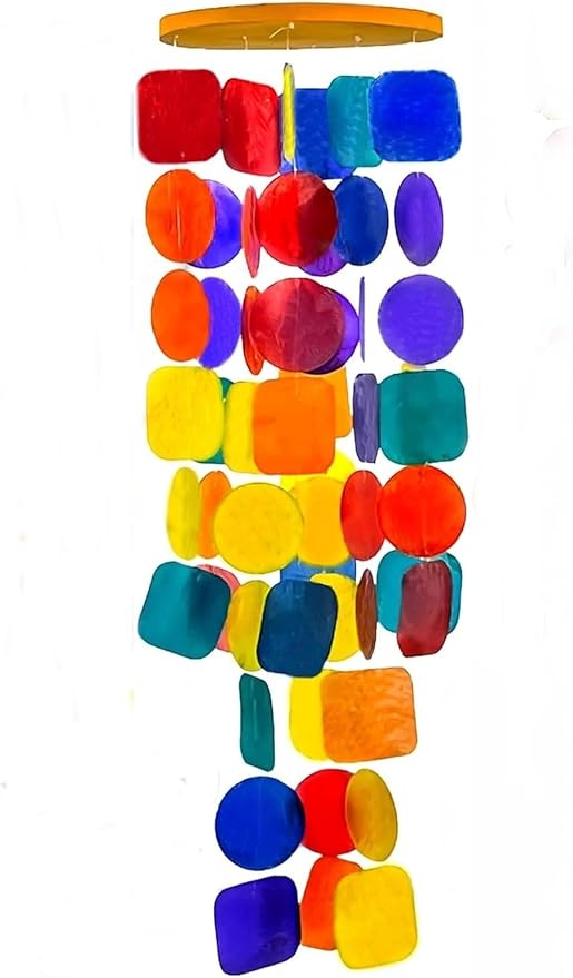 Bellaa Handmade Wind Chimes Outdoor, Musical, Garden Decorations, Beach, Ocean, Breeze, Gifts for Mom, Outside Windchimes, 63pcs, Capiz, Shells, Sea, Glass, Wood, Rainbow
