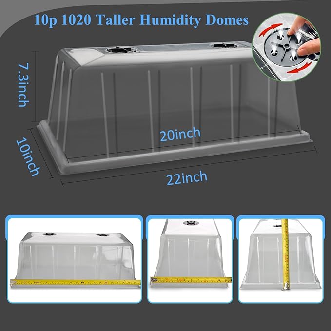 BTPLASTIK 10 Pack 7.3" High Humidity Domes for 1020 Seed Trays – Thicker Platic Clear Humidity Dome with Adjustable Vents, BPA-Free, Fits Standard 10"x20" Trays for Germination, Propagation, Cloning