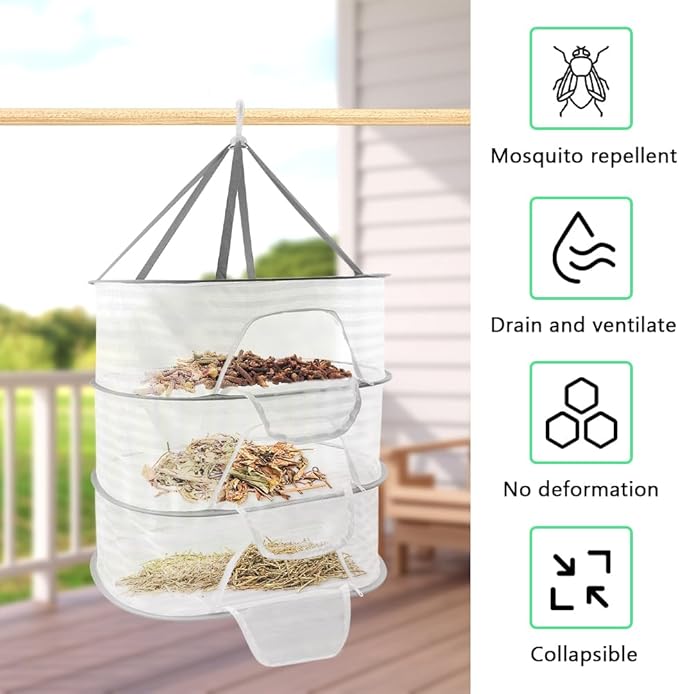 Herb Drying Rack, 3 Layer Hanging Mesh Net, Herb Dryer Hanging Rack with Herbs Stripper, Foldable Hangings Mesh Dryers for Buds, Fruits, Vegetables, Fish, Clothes, Doll(Color:White)