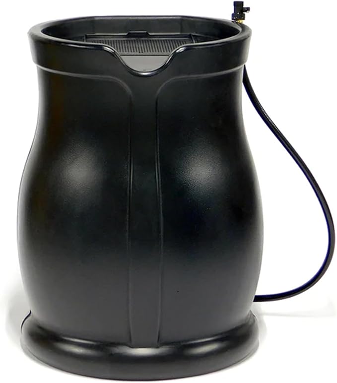 FCMP Outdoor 45-Gallon Catalina Rain Barrel – BPA-Free, Flat-Back Design with 3.5 Foot Garden Hose, Shut-Off Thumb Valve, and Fixed Lid (RB-CAT-BLK) Black