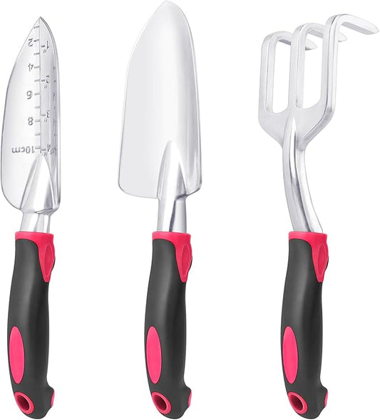 Garden Tools Set, 3 Pack Heavy Duty Gardening Tools Set Include Garden Shovel, Transplant Trowel and Hand Rake with Ergonomic Handle, Aluminum Alloy Lawn for Planting Tools, Red