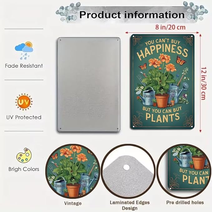 Funnysign Garden Gifts You Can't Buy Happiness But You Can Buy Plants Vintage Tin Sign for Home Garden Patio Yard Decor 8 X 12 Inch(3982)