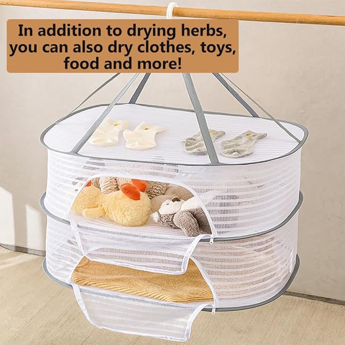Herb Drying Rack 2 Layers Folding Mesh Hanging Drying Net Vegetable Dryer Multifunctional with Zipper,Dry Plants, Herbal,Weed,Clothing,Foods Drying Rack(White)