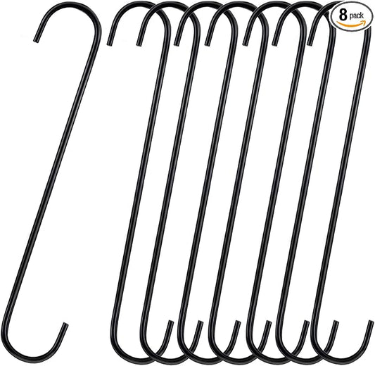 8 Pack S Hooks Heavy Duty 12 Inch Large S Shape Hooks for Hanging Plant Pots and Pans Steel Metal Hanger Hook Black Long S-Hook for Hanging Clothes, Plants, bird feeders, Garden Indoor Outdoor