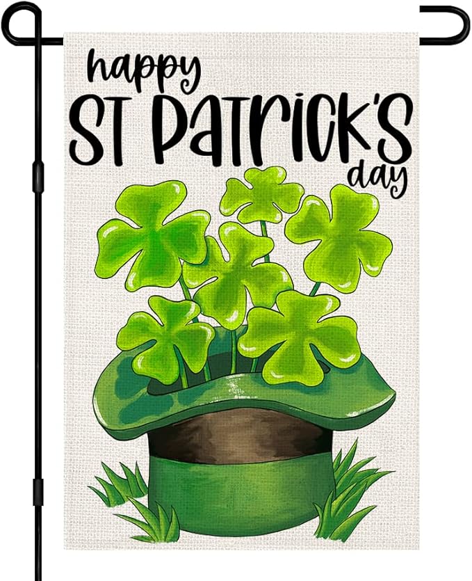 Happy St Patricks Day Burlap Garden Flags 12x18 Inch Double Sided, Green Lucky Shamrock Sign Small Farmhouse Yard Outdoor Decor DF192