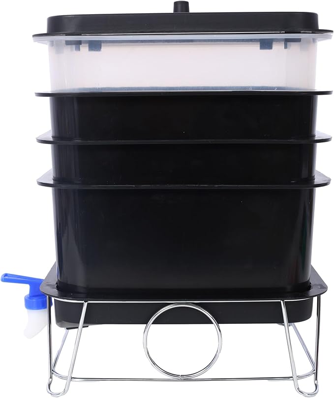 4-Layer Worm Bin with Worm Farm Kit, 20L Worm Composter Indoor & Outdoor with A Tap for Recycling Food Waste, Worm Castings, Easy Setup (Black, 4-Layer)