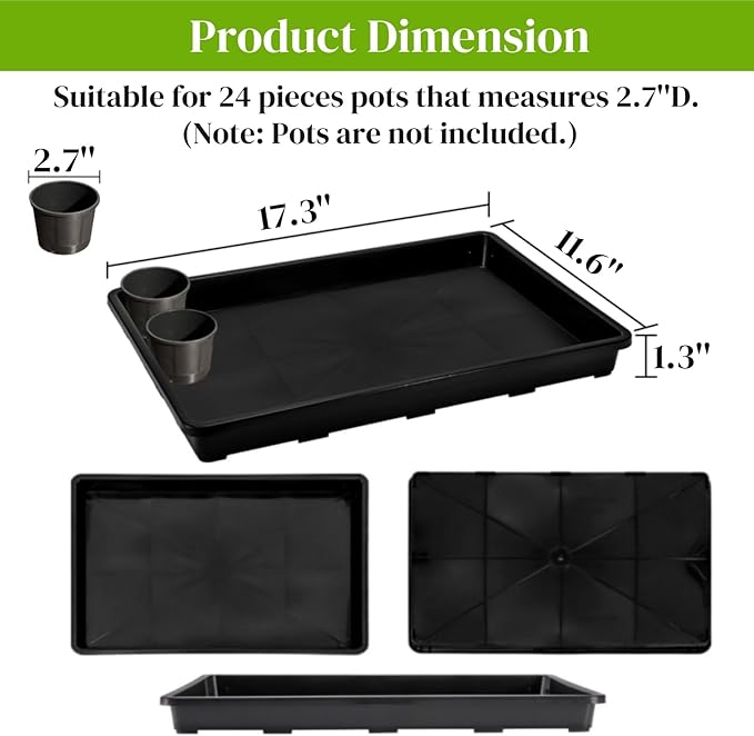 6 Pack Nursery Potting Trays, Plastic Seedling Starter Tray with No Drain Holes, Easy Watering Flat Garden Plant Growing Tray for Indoor Greenhouse Germination, 17.3'' x 11.6'' x 1.3''