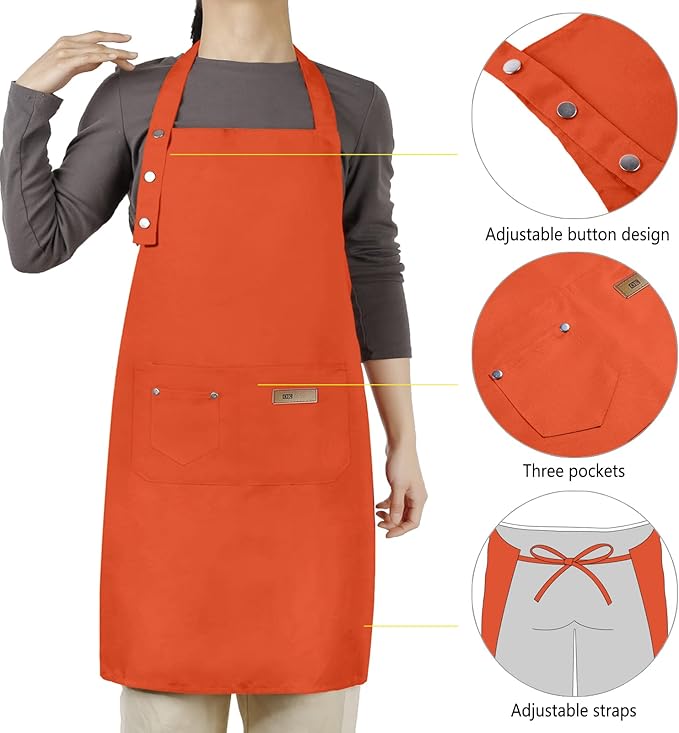 Adjustable Button Apron for Women Men Artist Painting Pottery Garden Cooking Kitchen Chef 3 Pockets Waterproof M-XXL