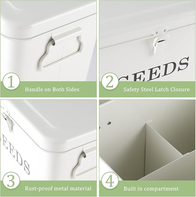 3 Dividers Seed Storage Box, Metal Seed Box Seed Storage Organizer with Safety Lock, Portable Garden Seed Bin, Professional All-in-one Kit, White