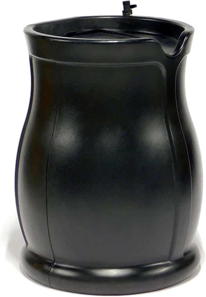 FCMP Outdoor 45-Gallon Catalina Rain Barrel – BPA-Free, Flat-Back Design with 3.5 Foot Garden Hose, Shut-Off Thumb Valve, and Fixed Lid (RB-CAT-BLK) Black