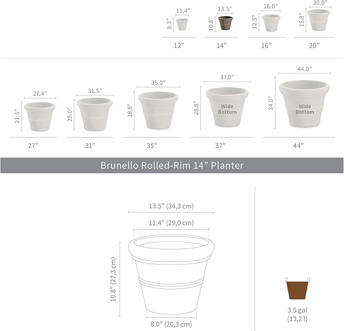 Crescent Garden Brunello Small Classic Rolled Rim Planter, Indoor/Outdoor Plastic Round Pot - Traditional Planter for Herbs, Plants, Houseplant -14''W (Rust)