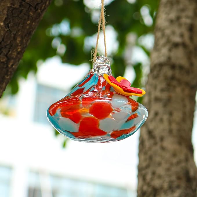 2 Pcs Blown Glass Hummingbird Feeder for Outdoors Hanging, Ant & Bee Resistant Window Bird FeederHandmade Garden Decor Gift for Women - Small Round Glass Feeders Bundle (Droplet B2)