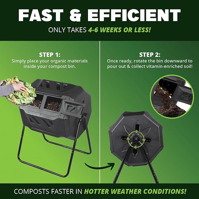 Simply Bio 43-Gallon Outdoor Compost Tumbler Bin – BPA-Free Rotating Compost Bin for Garden, Kitchen and Yard Waste, Outdoor Compost Bin Tumbler, Dual Chamber, Black, Weather-Resistant