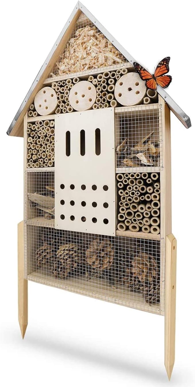 Insect Hotel XXL Standing - bee Hotel with Stand 30 inch, Metal roof - Large Wild bee Hotel - Insect House for Bees, Ladybugs and Butterflies | Insect Hotel kit