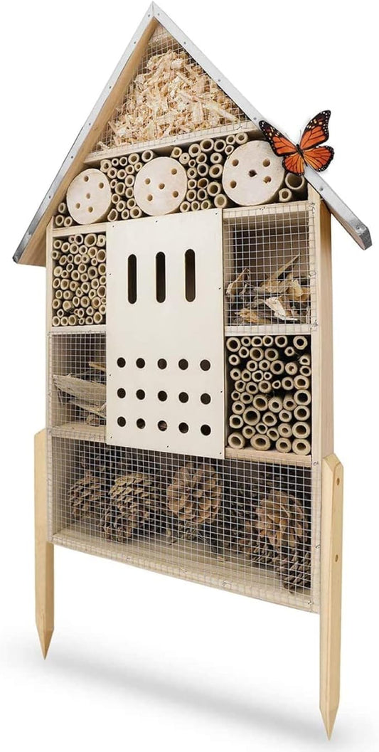 Insect Hotel XXL Standing - bee Hotel with Stand 30 inch, Metal roof - Large Wild bee Hotel - Insect House for Bees, Ladybugs and Butterflies | Insect Hotel kit