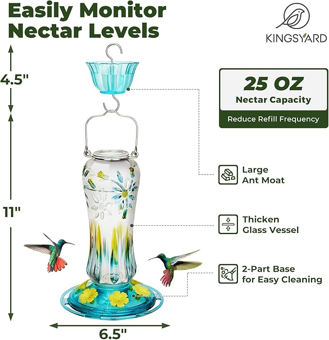 Kingsyard Glass Hummingbird Feeders for Outdoors Hanging, 25 oz Leak Proof Hummingbird Feeder with Ant Moat & 6 Bee Proof Feeding Ports, Turquoise