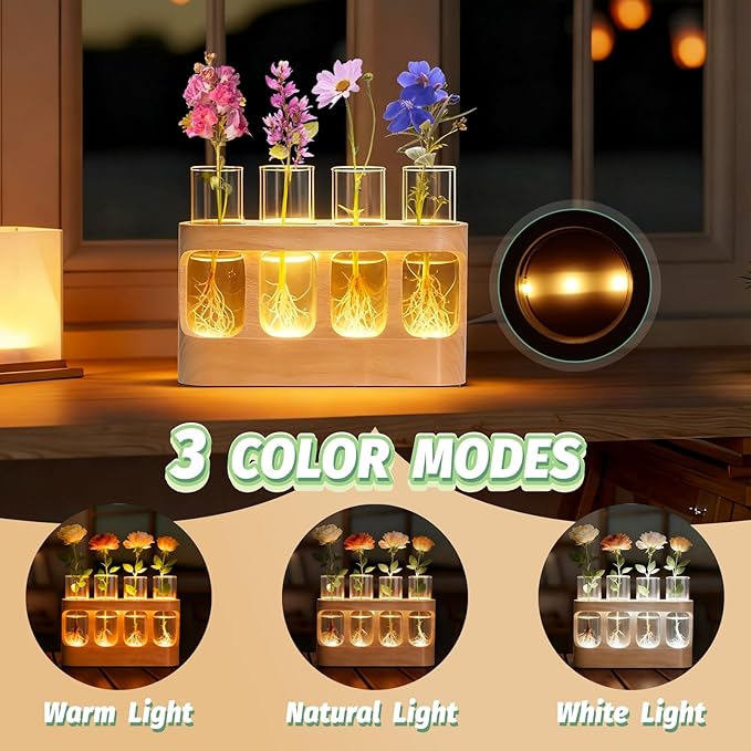 Plant Propagation Station with Wood Stand, Glass Terrarium for Hydroponics Live Plants Christmas Gifts Gardening Gifts for Women Mom 3 Lighting Modes 9 Brightness Levels Home Indoor Decor Unique