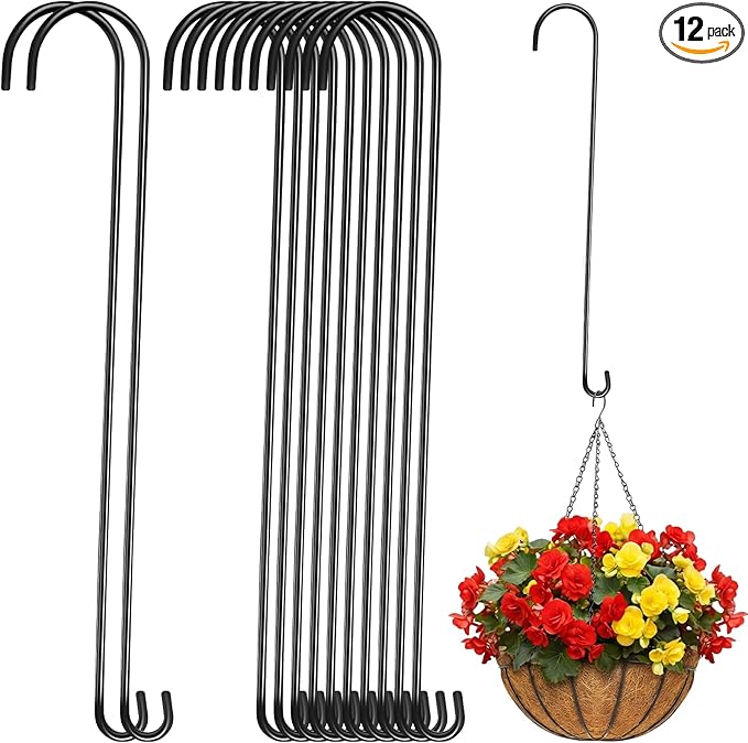 12 Pack 36 Inch Extra Long S Hooks for Hanging Plants, Heavy Duty Metal Tree Branch Hangers for Bird Feeders Flower Baskets Lanterns Black Vinyl Coated Garden Extension Hooks