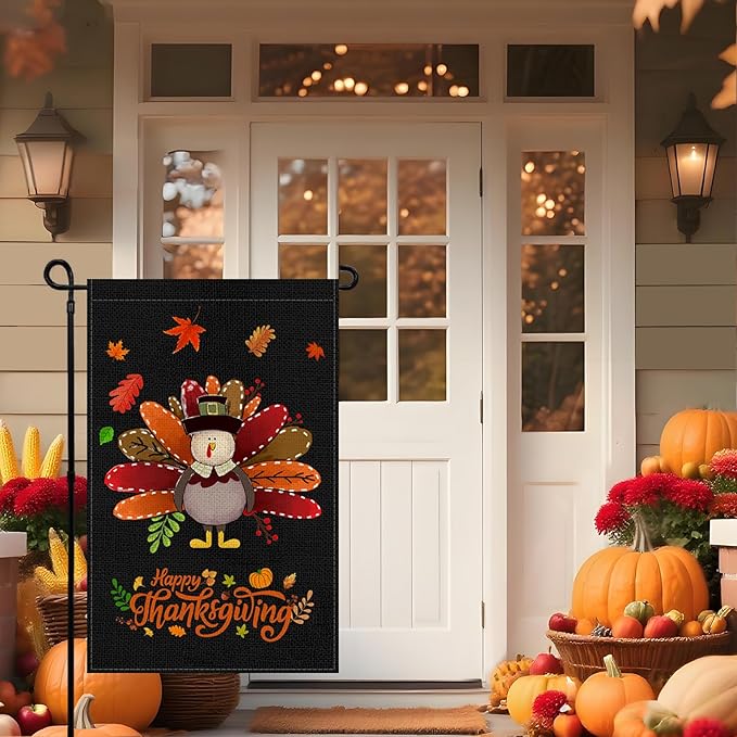 Fall Thanksgiving Turkey Garden Flag 12x18 Inch, Double Sided Bless Harvest Holiday Burlap Yard Flag for Outdoor Decoration