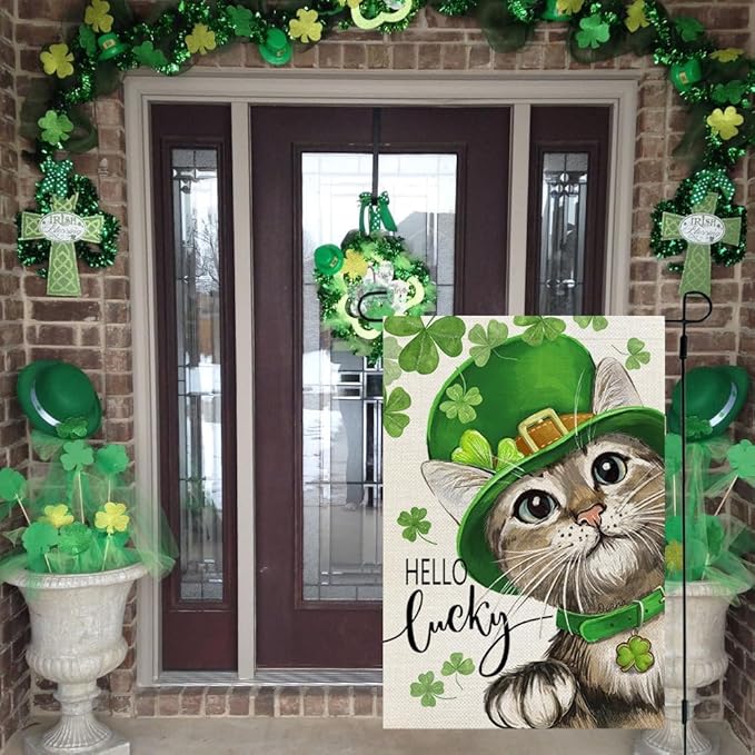 CROWNED BEAUTY St Patricks Day Cat Garden Flag Lucky Shamrock 12x18 Inch Double Sided for Outside Small Burlap Clovers Holiday Yard Flag