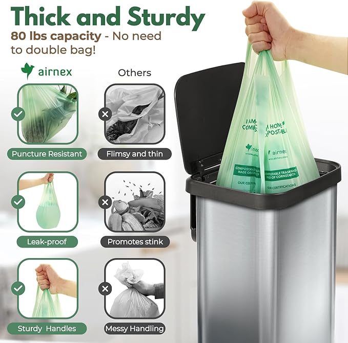 Compostable Kitchen Trash Bags 13 Gal - Cornstrarch Leakproof & Tear Resistant 100 Compost Bags - OK Compost Home & Seedling Certified 0.25 mm Kitchen Garbage Bags