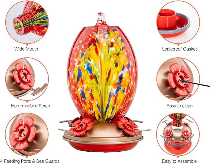 Muse Garden Glass Humming Bird Feeders for Outdoors - 27OZ Blown Glass Hummingbird Feeder - Unique Gift Mom Bird Lovers Women, Outdoors Hanging Garden Decor, Includes Ant Moat & Brush, Red Phoenix